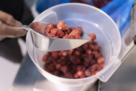 Gefrorene Himbeeren werden fuer die Herstellung von Himbeergelato in der Produktion der Amore Mio Gelati verwendet, fotografiert am 3. Juli 2020 in Oberhasli, Kanton Zuerich. Die Familie Palumbo stellt nach italienischer Tradition Gelato her. (KEYSTONE/Gaetan Bally)